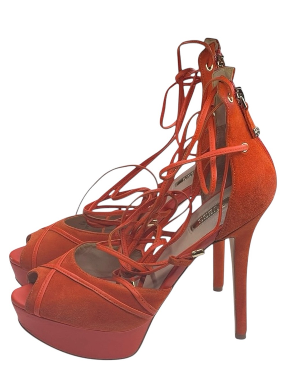 Guess ᯾ Raja Ankle Wrap Platform Stiletto Peep Toe Heels ᯾ Orange Suede ᯾ 8M - Picture 7 of 16